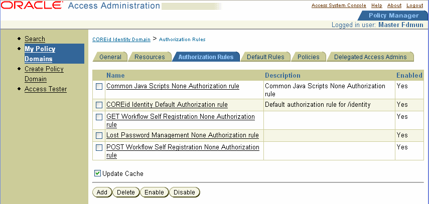 Authorization Rules page for the policy domain