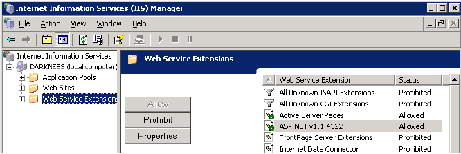 with asp.net 40 in the list of iis web server extensions