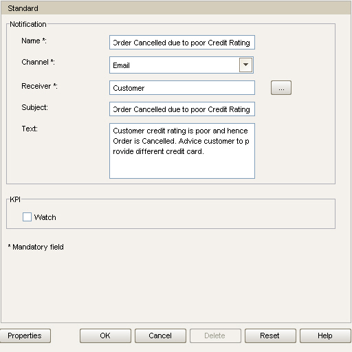 Notification activity properties for "Order cancelled due to poor credit rating"