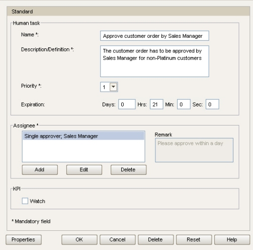 Human Task properties for "Approve customer order by Sales Manager"