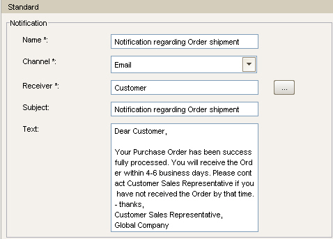 Notification properties for "Notification regarding Order Shipment"