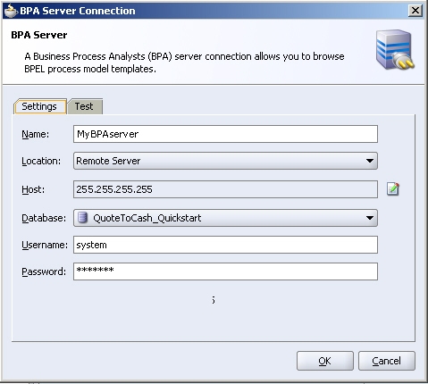 BPA Server Connection dialog showing sample remote server connection details