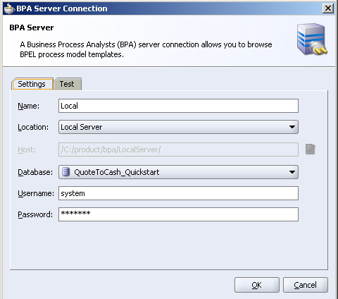 BPA Server Connection dialog showing sample local server connection details
