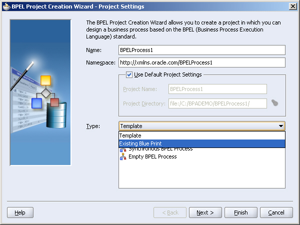 BPEL Project Creation Wizard showing creation pf BPEL project with Existing Blueprint selected in the Type field