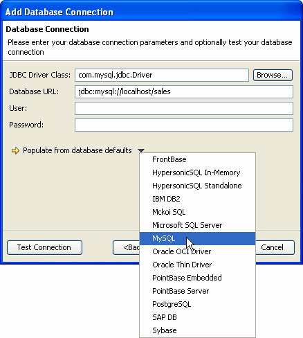 Click the database technology name to populate from its defaults