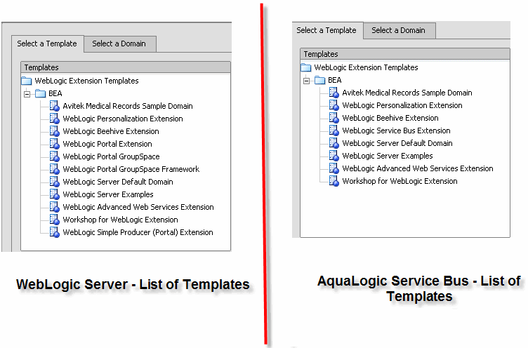 List of Templates in the Select a Template Domain Source dialog box