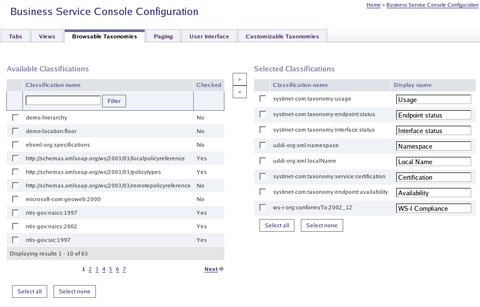 Business Service Console Configuration - Browsable Classifications