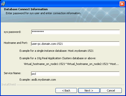 Database Connect Information step