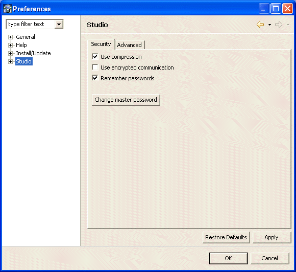 The Preferences window, used to change password access.