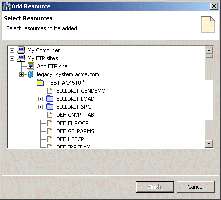 The Select Resources screen, used to browse and select files