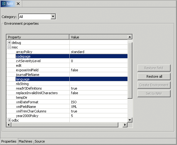 Setting the language and codepage environment properties.