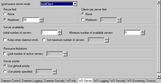 The WS Server tab, used to view and set workspace properties