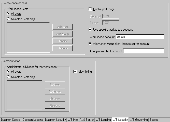 The Daemon workspace WS Security tab.