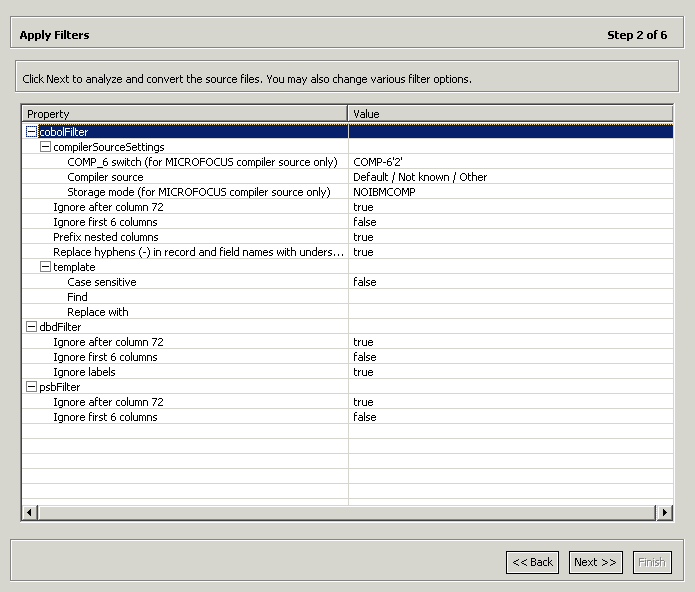 Appy filters screen, used to set filters on metadata tables