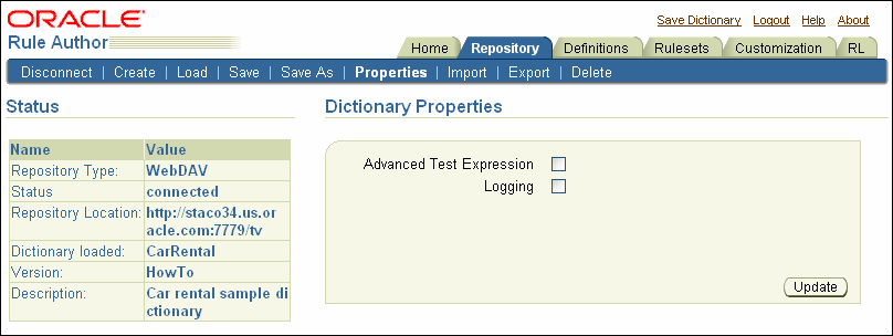 Rule Author Dictionary Properties Page