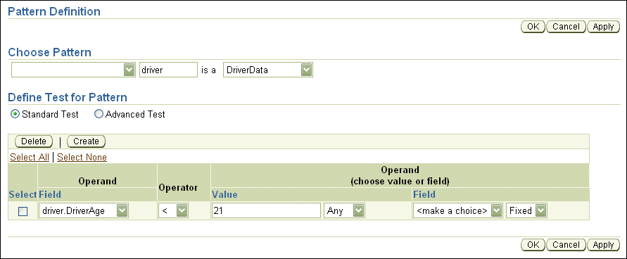 Rule Author Pattern Definition Page with Values