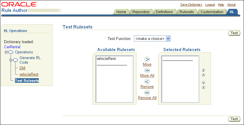 Rule Author Test Rulesets Page