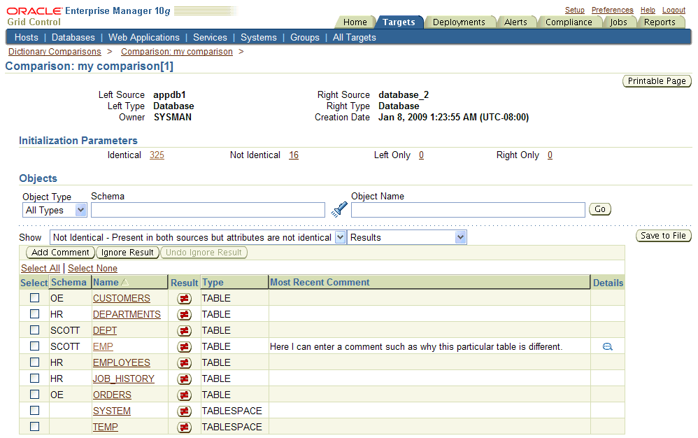 Comparison Version Page