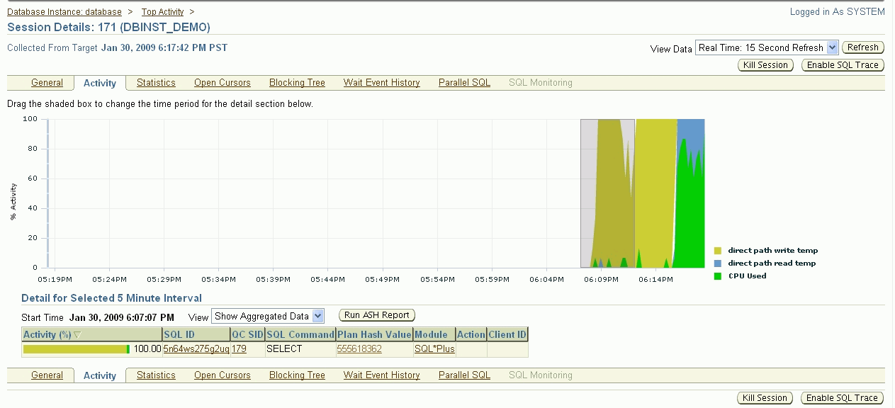 This is the Enterprise Manager Session Details page.