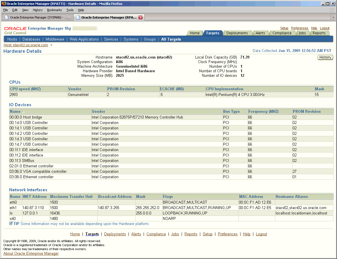 This is the Enterprise Manager Host Hardware Details page.