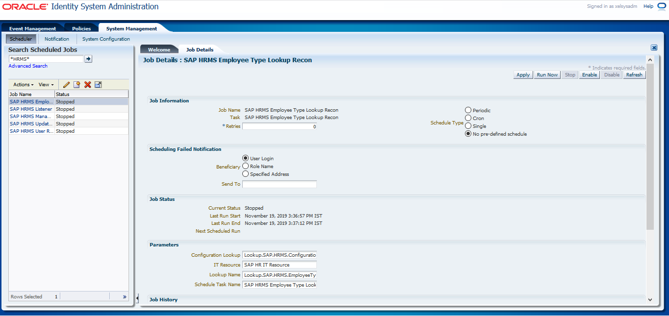 This screenshot displays the parameters of the scheduled jobs