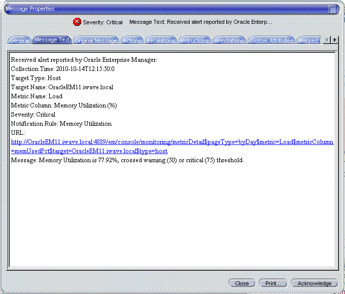 Shows msg text on Message Properties page of HP OVOU.