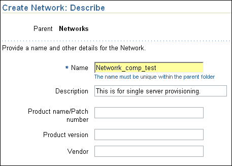 Create Network: Describe Page.