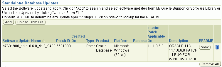 Patches Selected for Standalone Databases