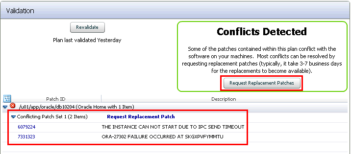 Graphic shows a conflict after patch validation is complete.