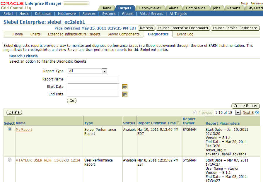 Shows sample data for Diagnostics Report page.