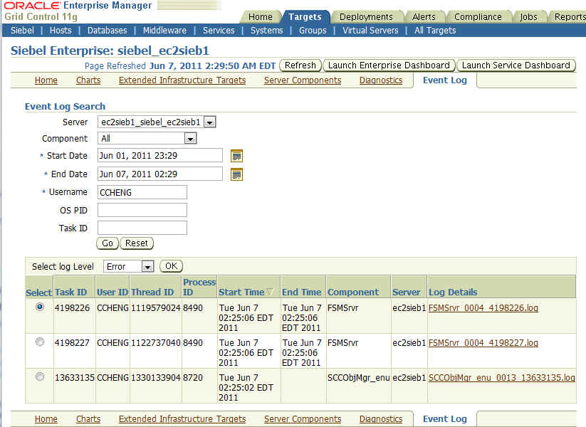 Graphic shows sample data on Event Log Search page.