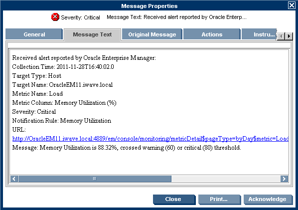 Shows msg text on Message Properties page of HP OVOU.