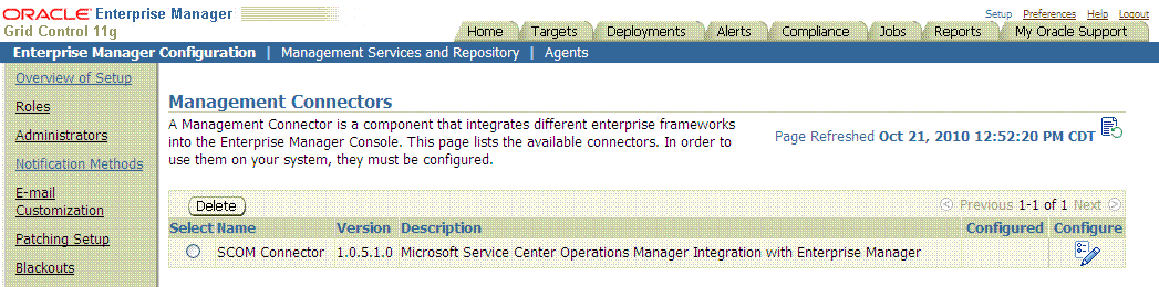 Shows Management Connectors page with installed SCOM