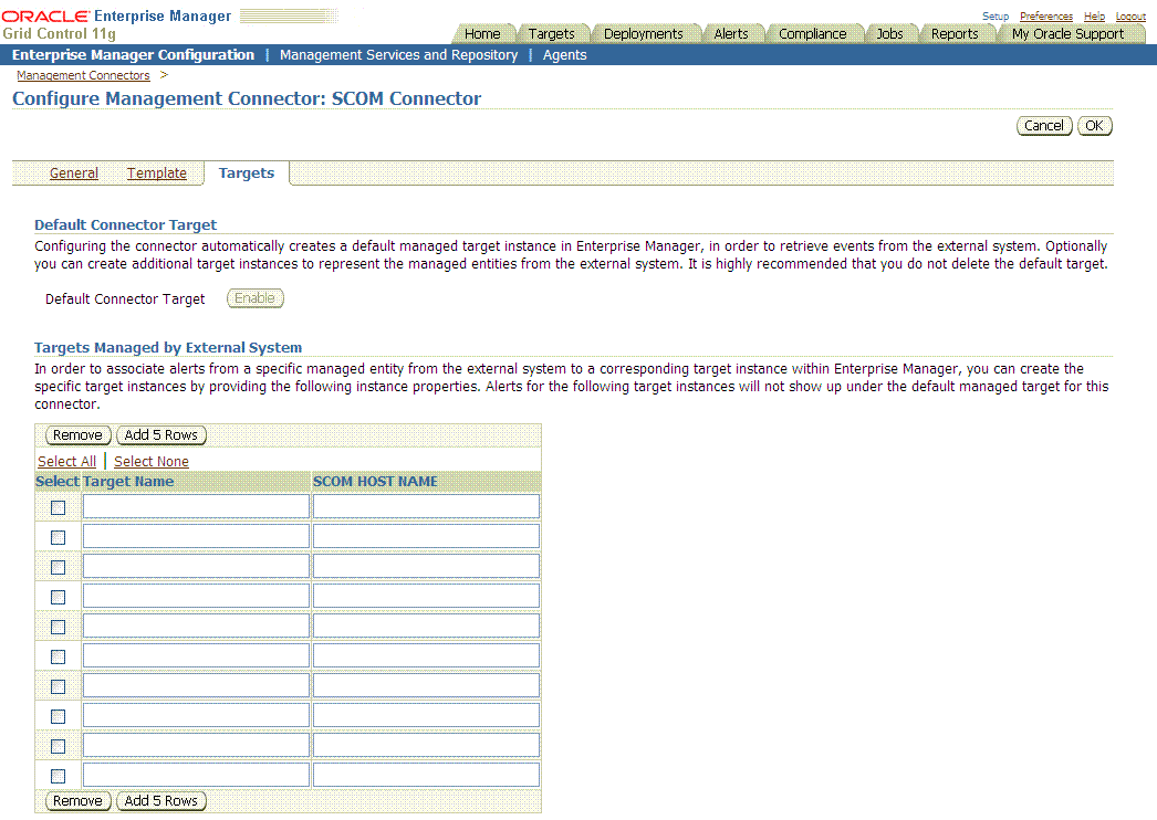 Shows Targets tab of Configure Management Connector page