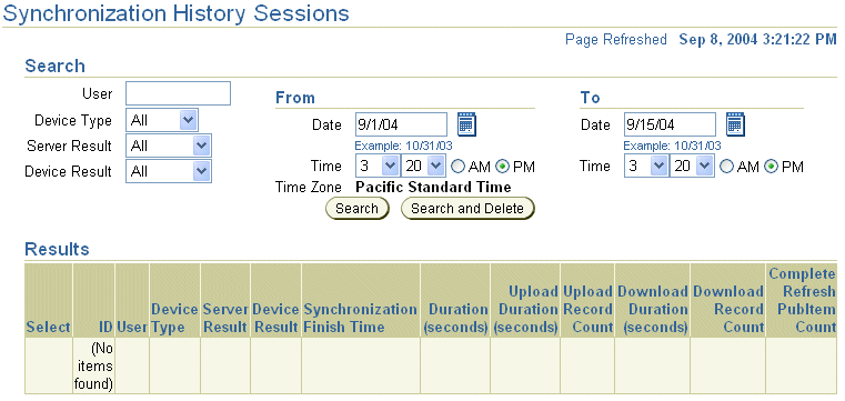 The Synchronization History Sessions page.