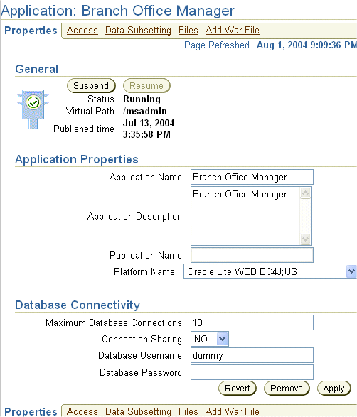 The application properties page.