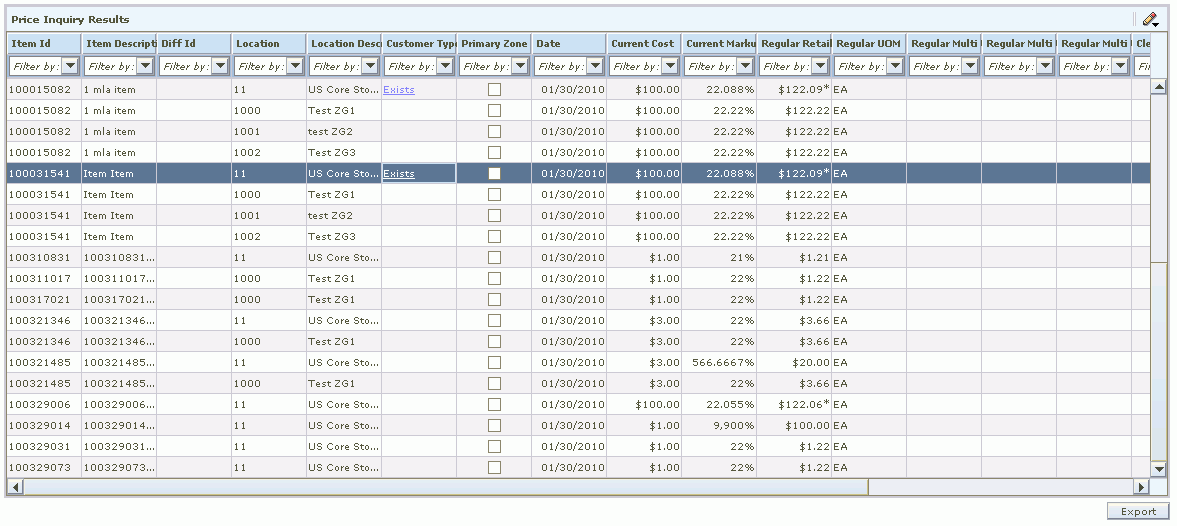 Price Inquiry Results Table