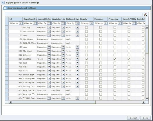 Aggregation Level Settings Workspace