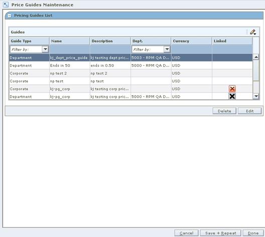 Price Guides Maintenance Workspace