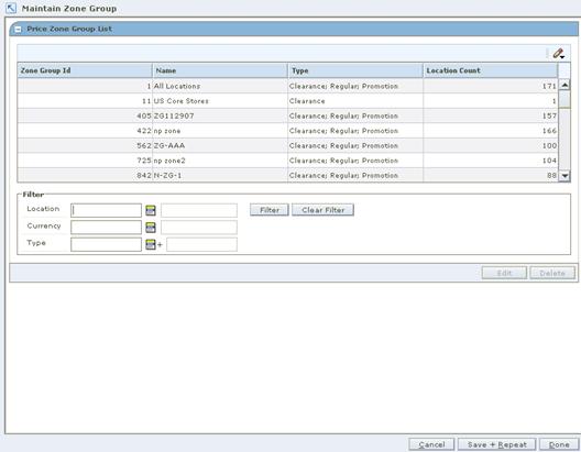 Maintain Zone Group Workspace