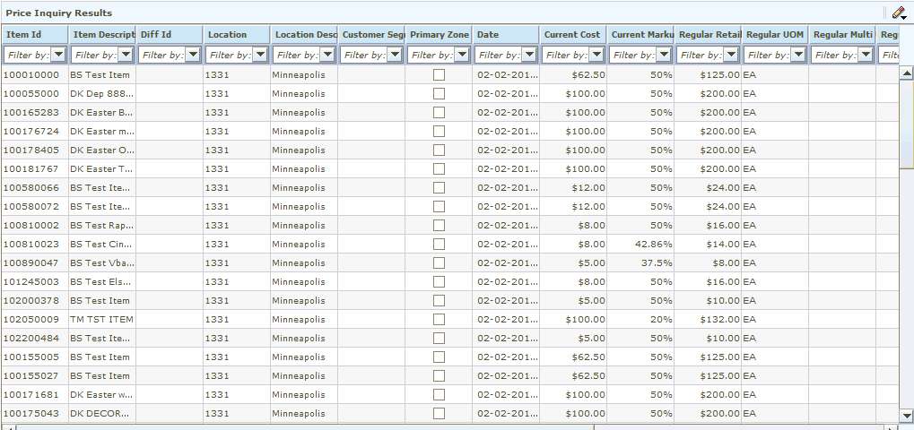 Price Inquiry Results Table