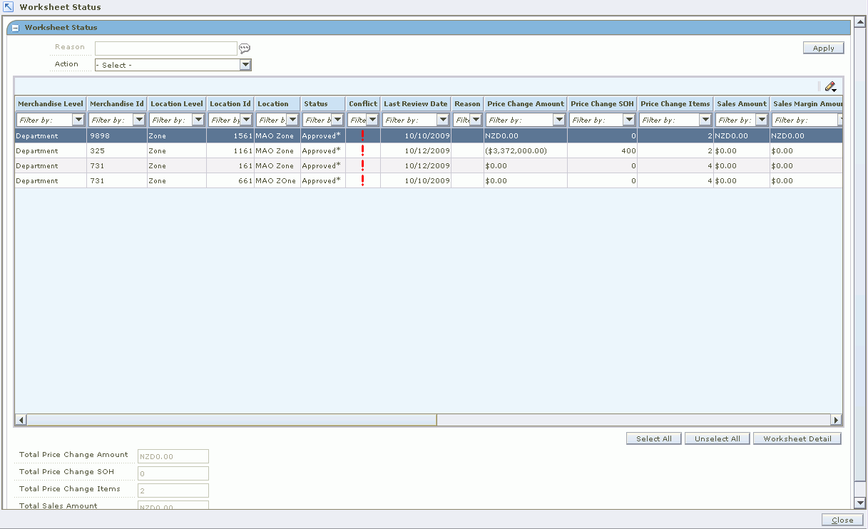 Work sheet status window