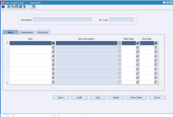 Tax Codes Form Window