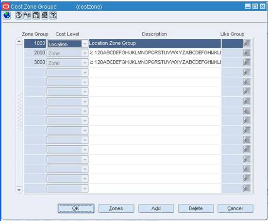 Cost Zone Groups Window