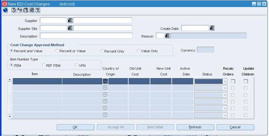 New EDI Cost Changes window