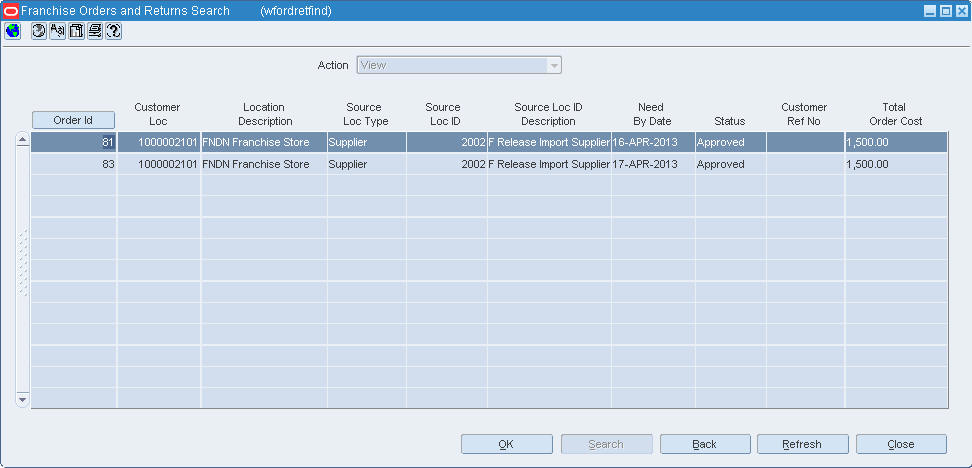 Wholesale/Franchise Orders and Returns Search Results window