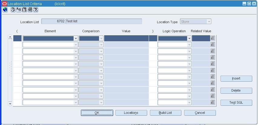 Location List Criteria window