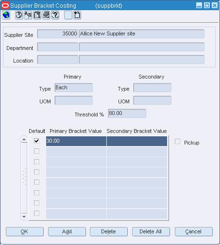 Supplier Bracket Costing Window