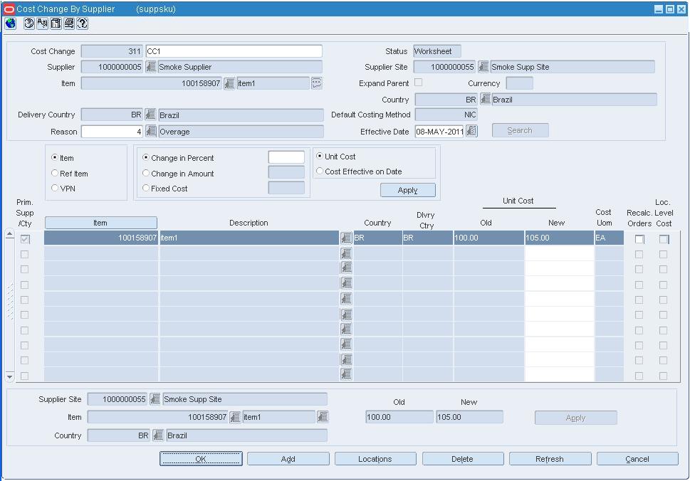 Cost Change by Supplier Window