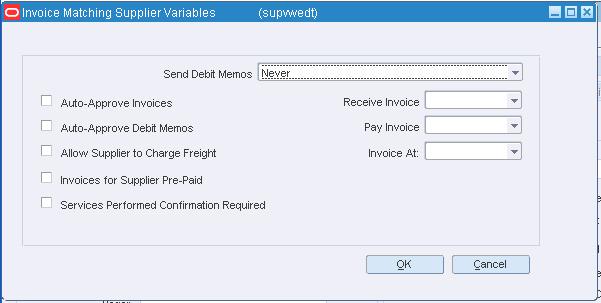 Invoice Matching Supplier Variables Window